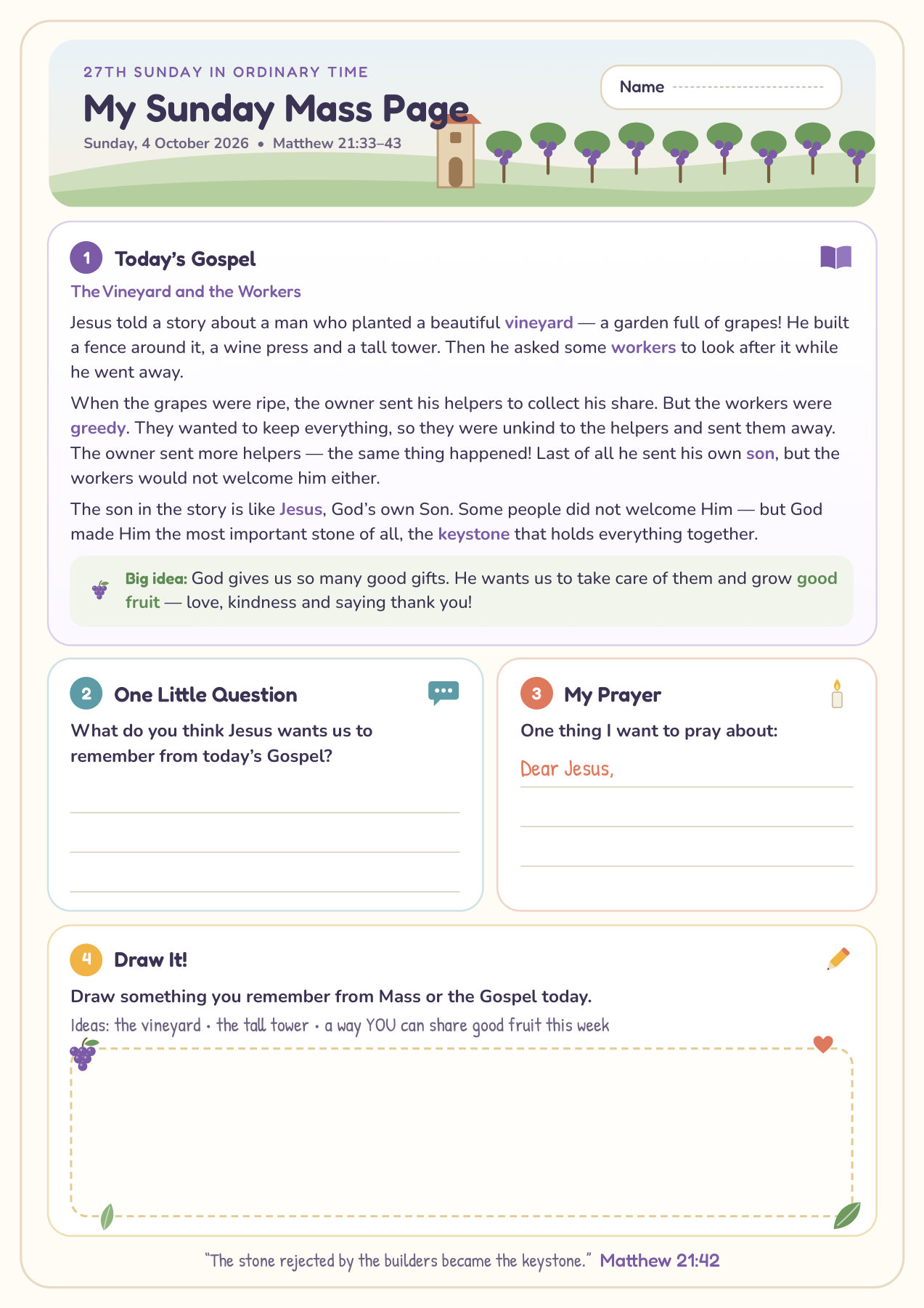 The Vineyard and the Workers: worksheet for age 6