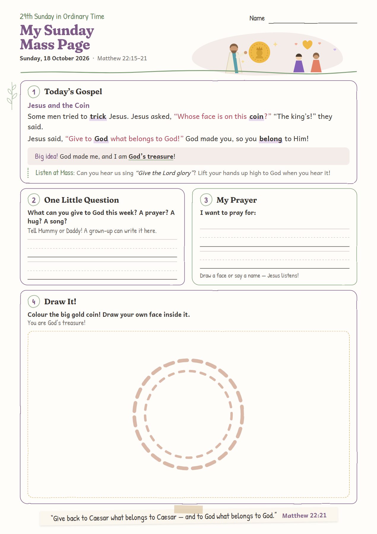 Jesus and the Coin: worksheet for age 4