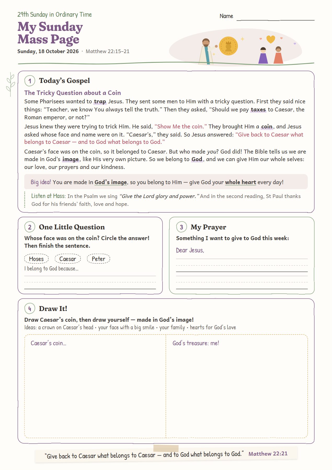 The Tricky Question about a Coin: worksheet for age 6