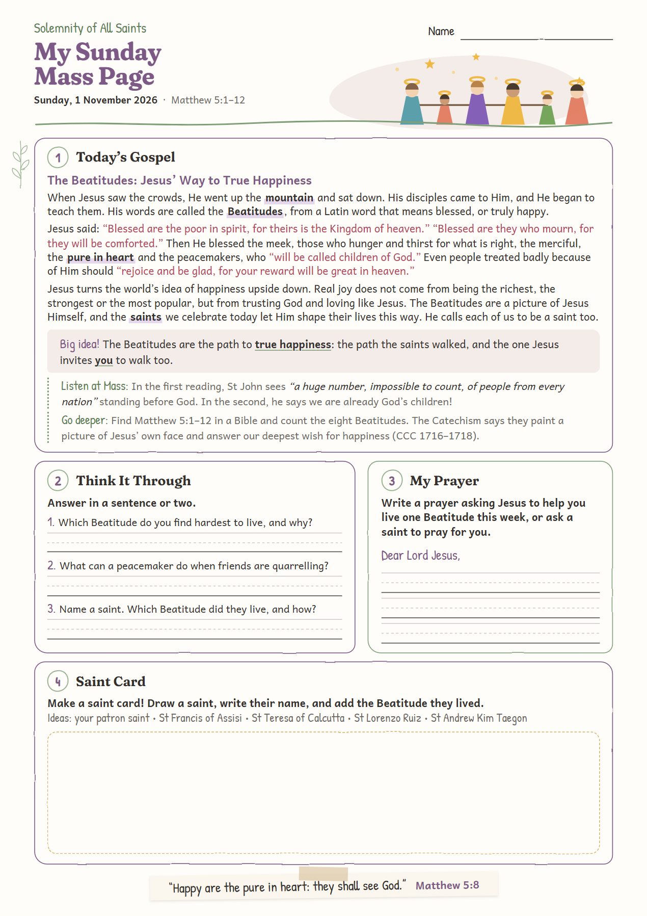 The Beatitudes: Jesus’ Way to True Happiness: worksheet for ages 8–10