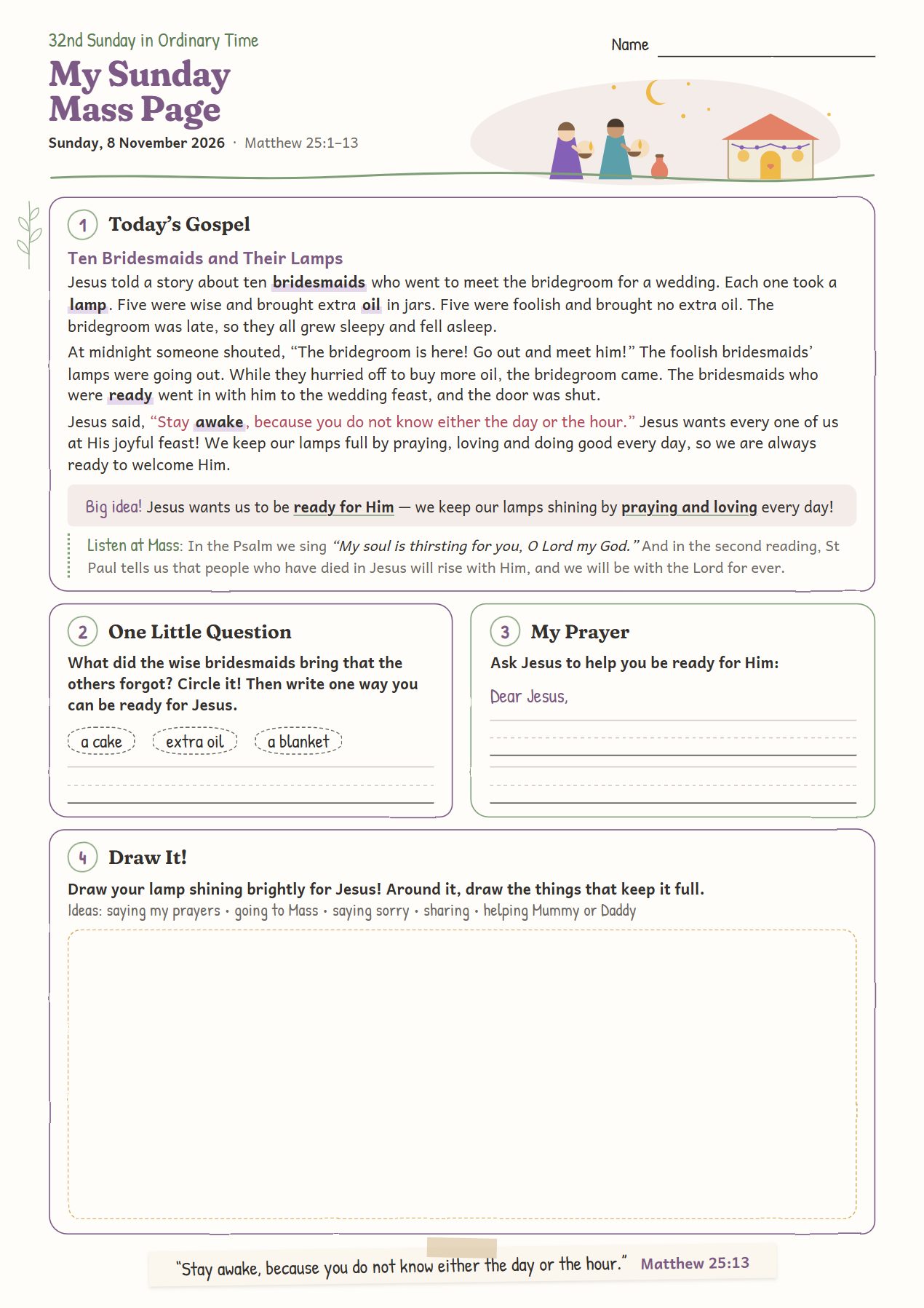Ten Bridesmaids and Their Lamps: worksheet for age 6