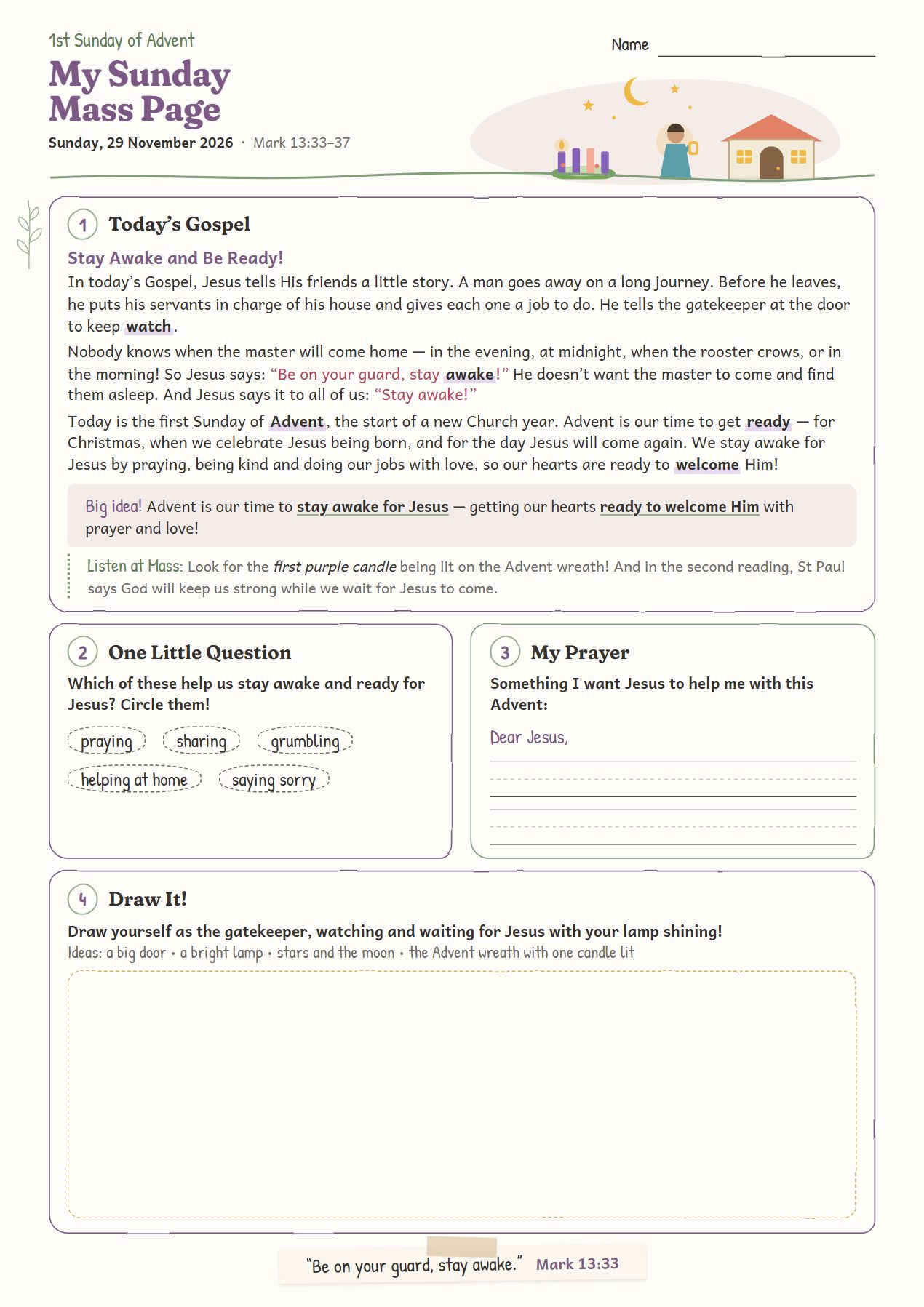 Stay Awake and Be Ready!: worksheet for age 6