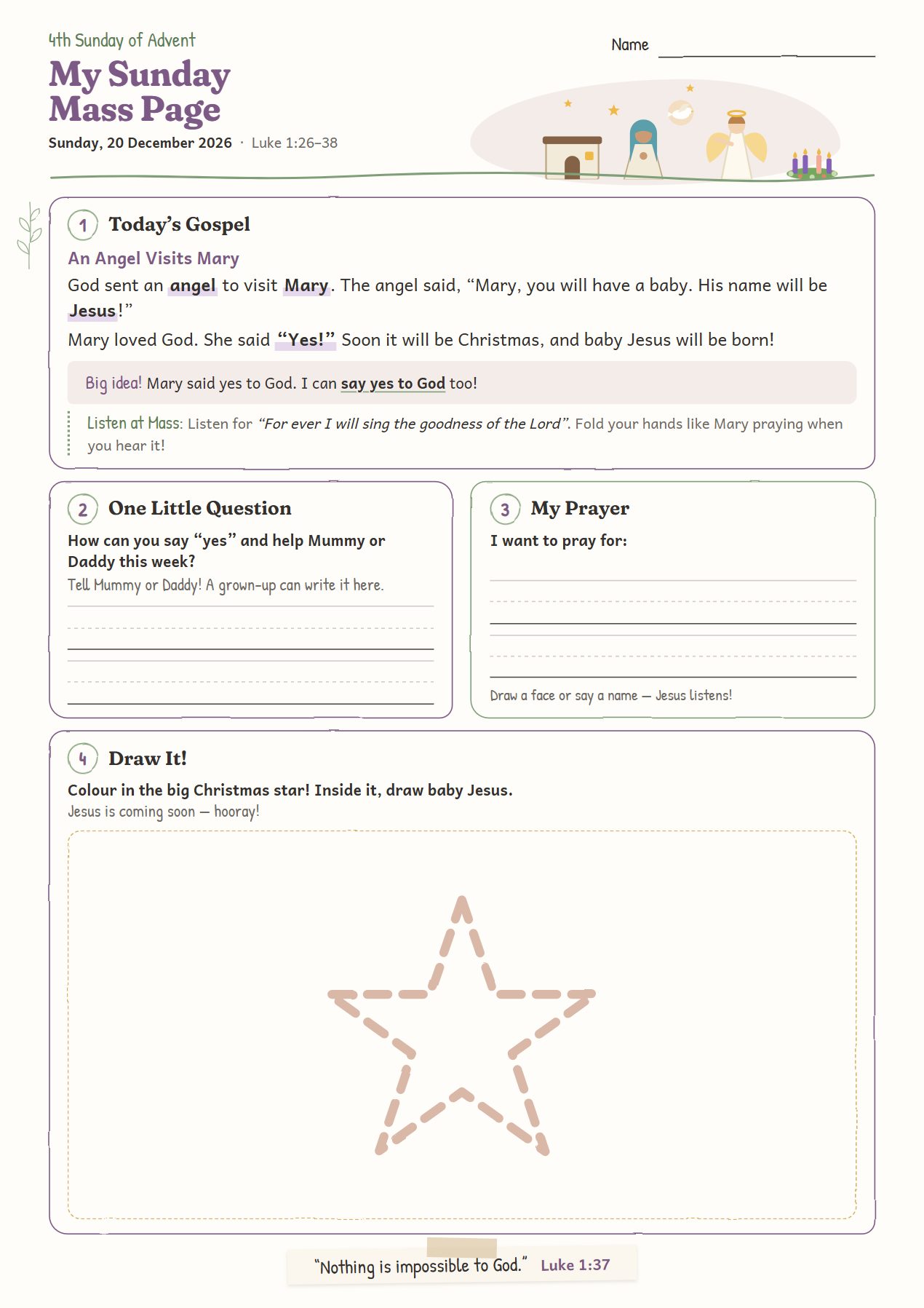 An Angel Visits Mary: worksheet for age 4