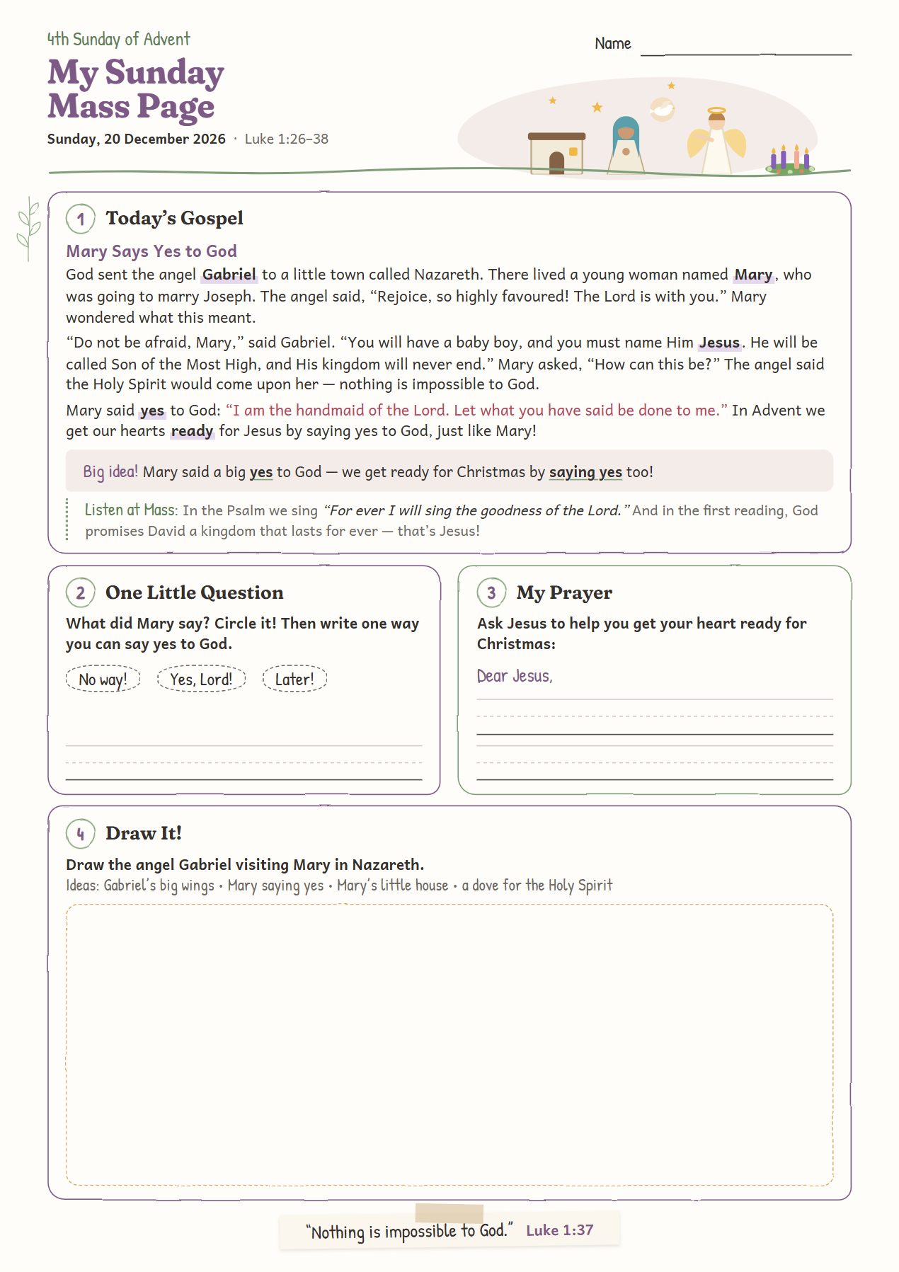 Mary Says Yes to God: worksheet for age 6