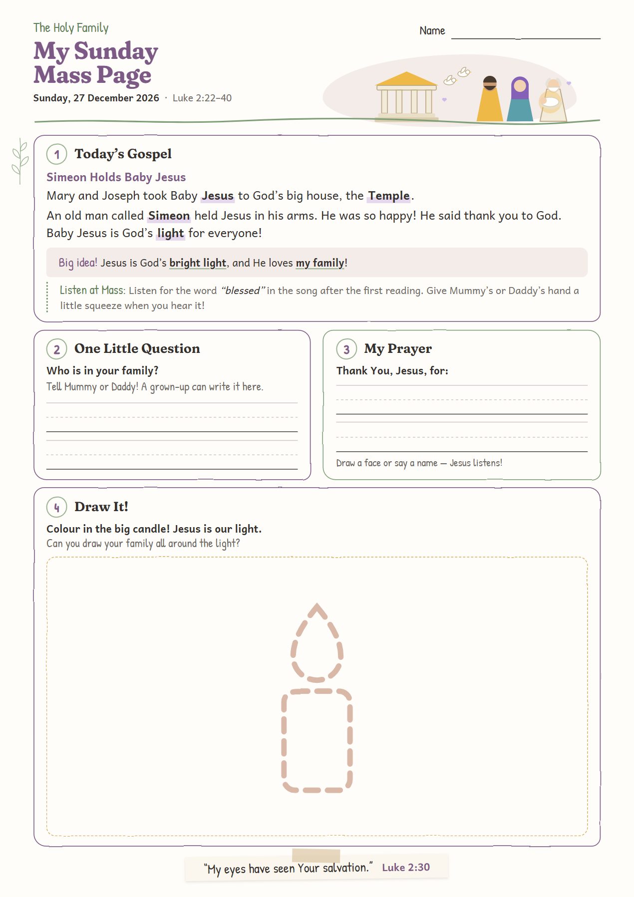 Simeon Holds Baby Jesus: worksheet for age 4