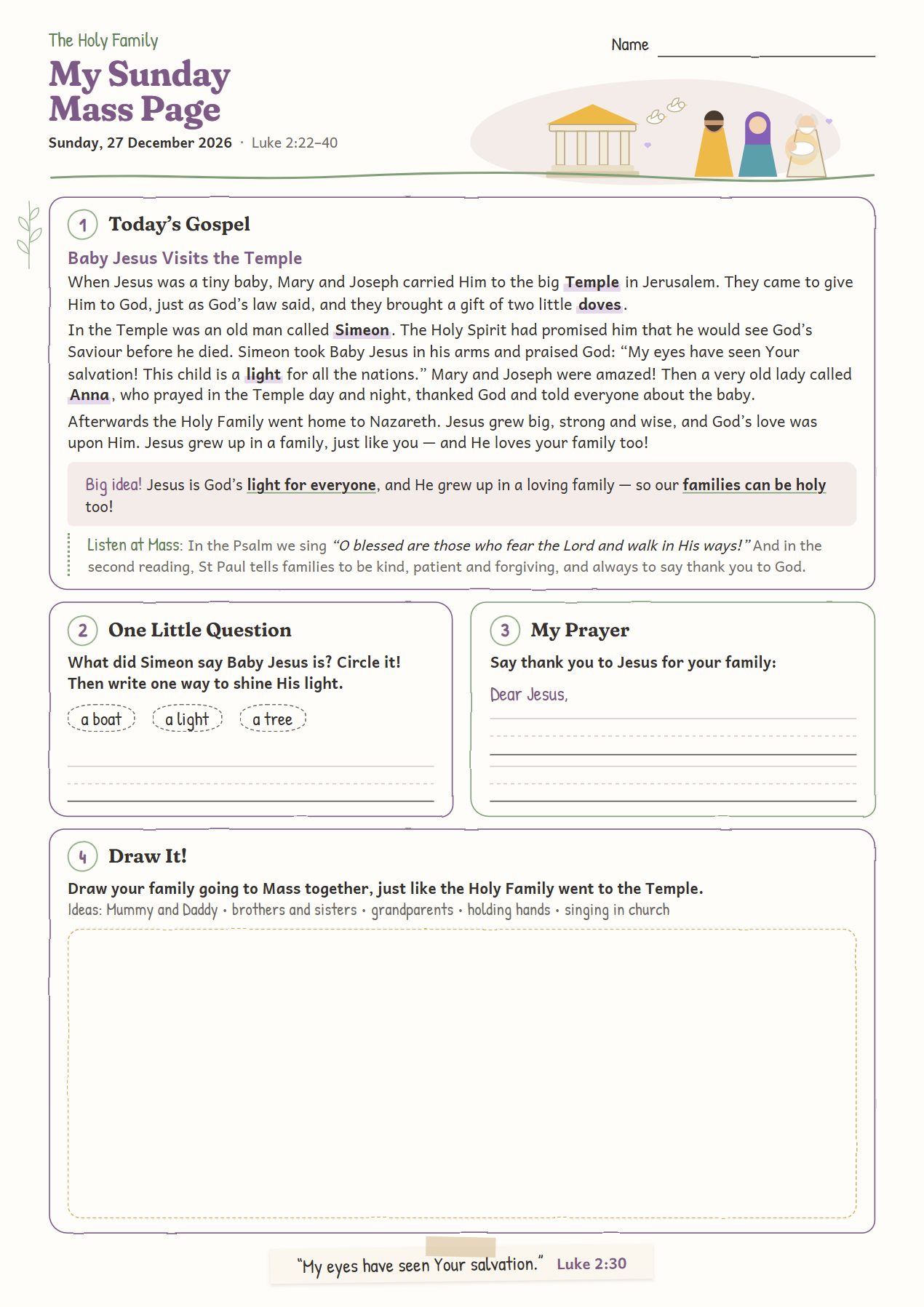Baby Jesus Visits the Temple: worksheet for age 6