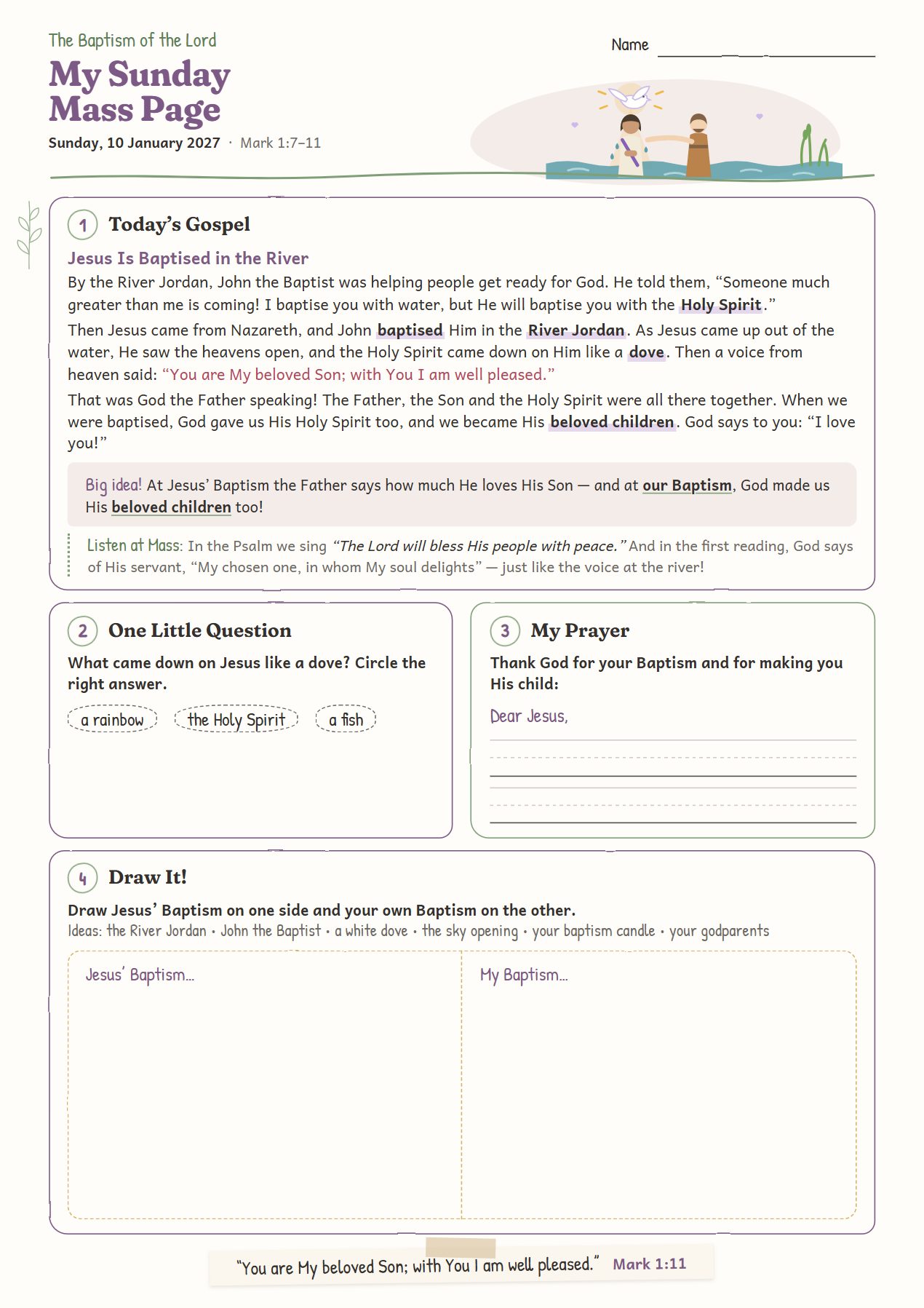 Jesus Is Baptised in the River: worksheet for age 6