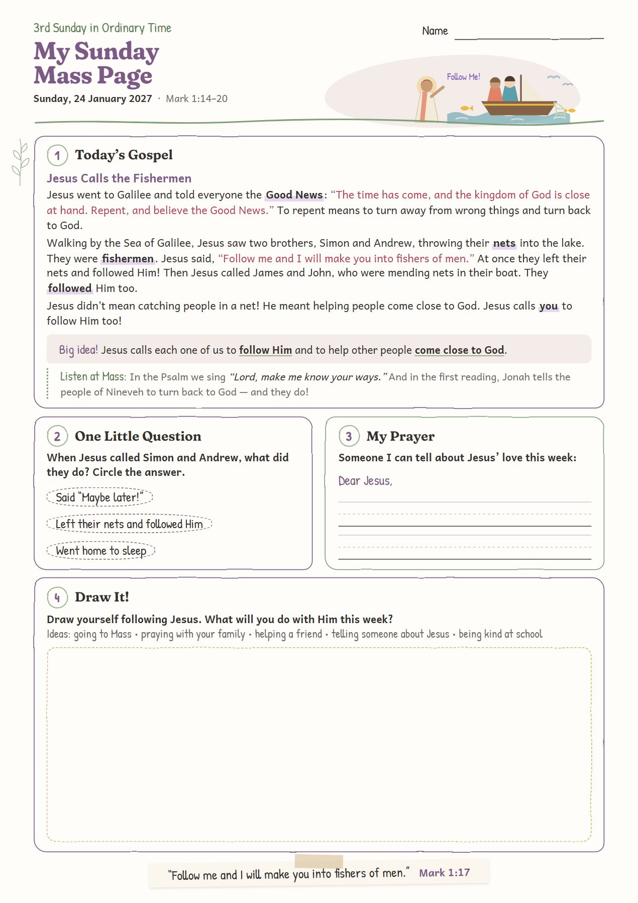 Jesus Calls the Fishermen: worksheet for age 6