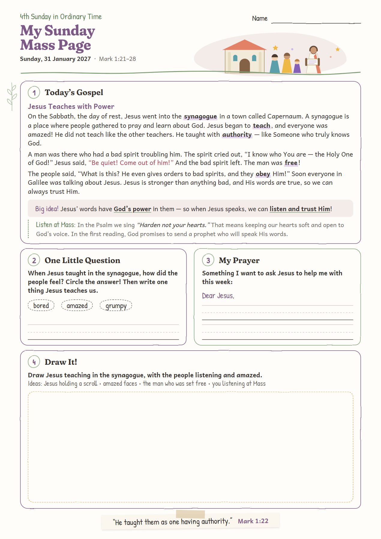 Jesus Teaches with Power: worksheet for age 6