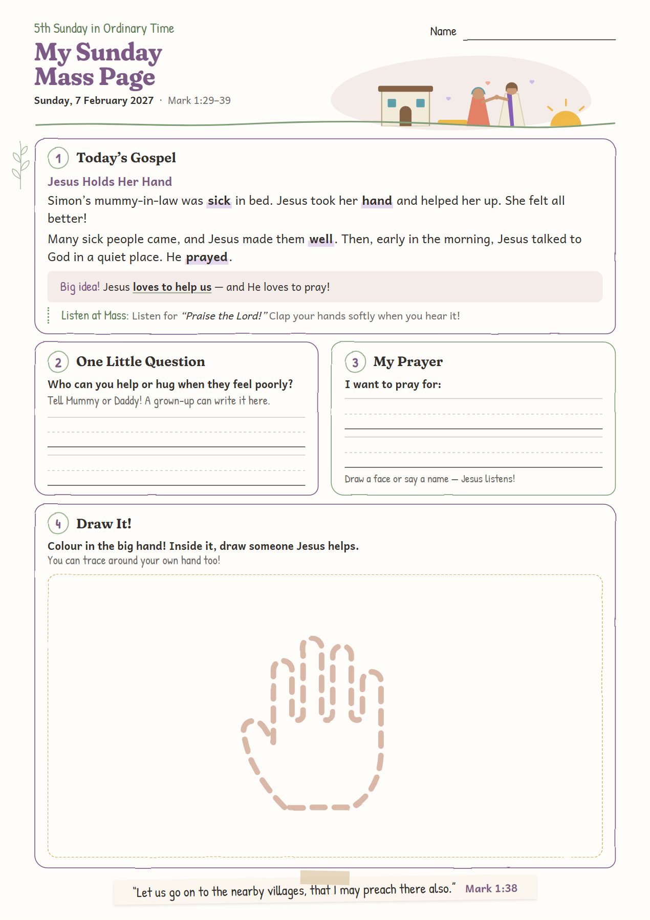 Jesus Holds Her Hand: worksheet for age 4