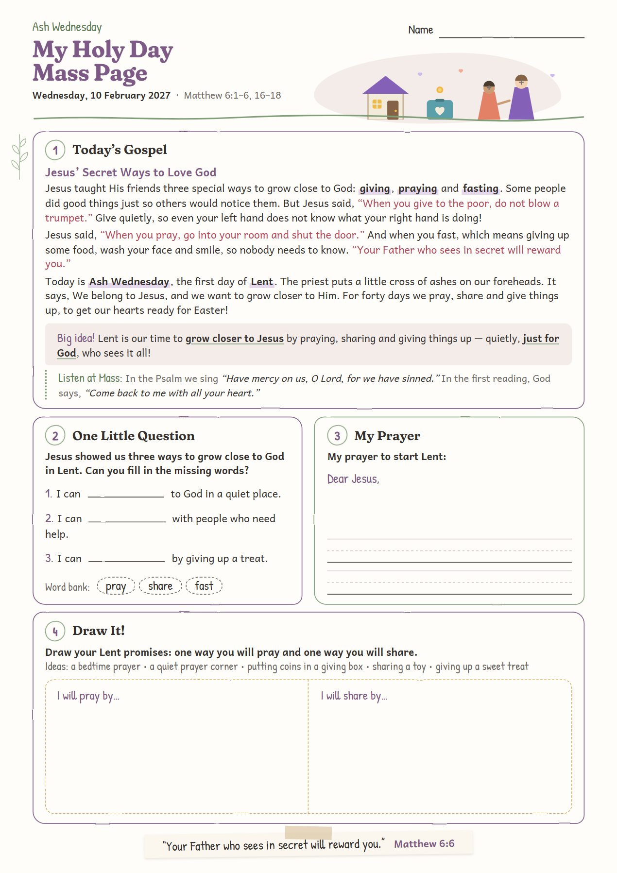 Jesus’ Secret Ways to Love God: worksheet for age 6