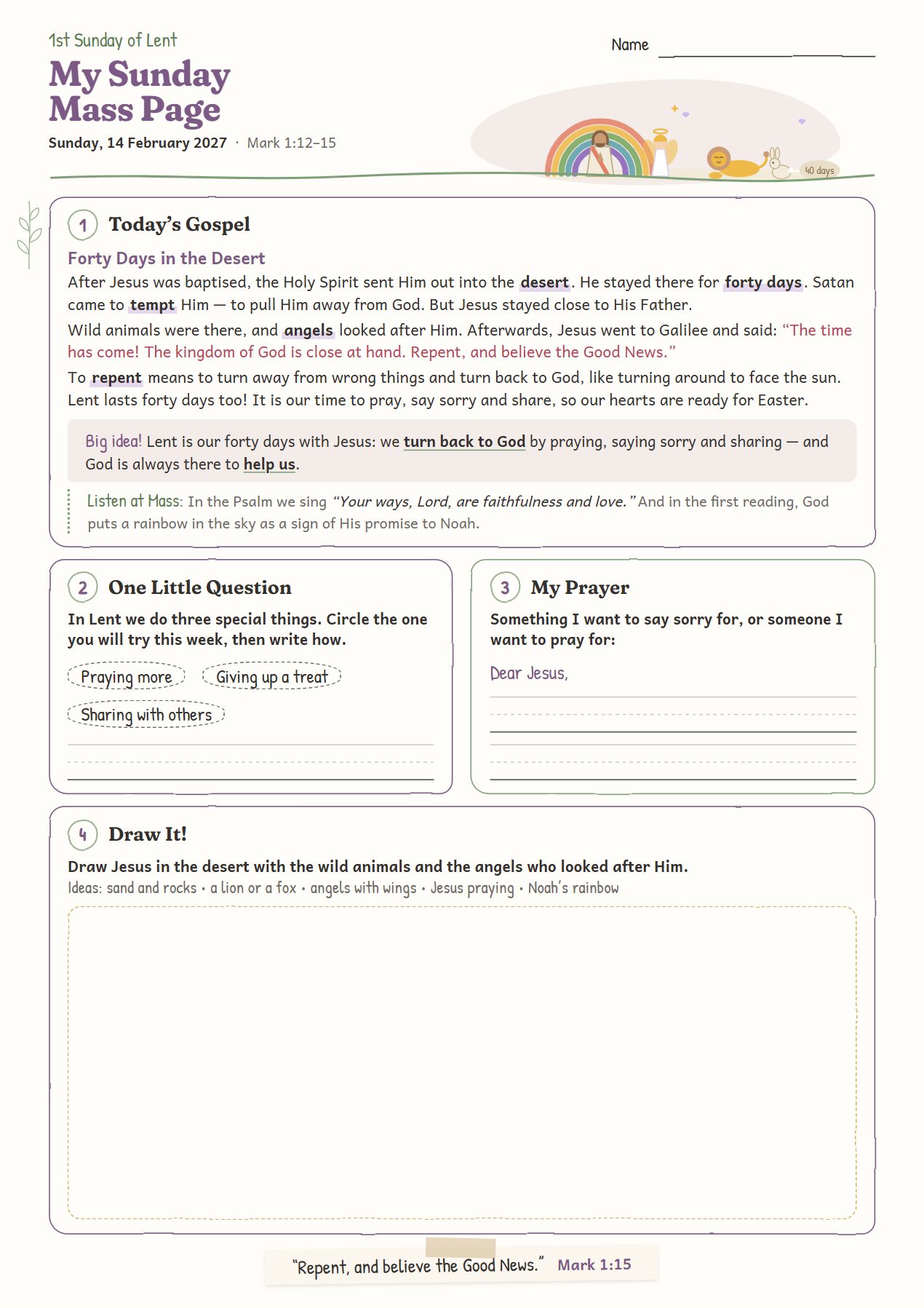 Forty Days in the Desert: worksheet for age 6