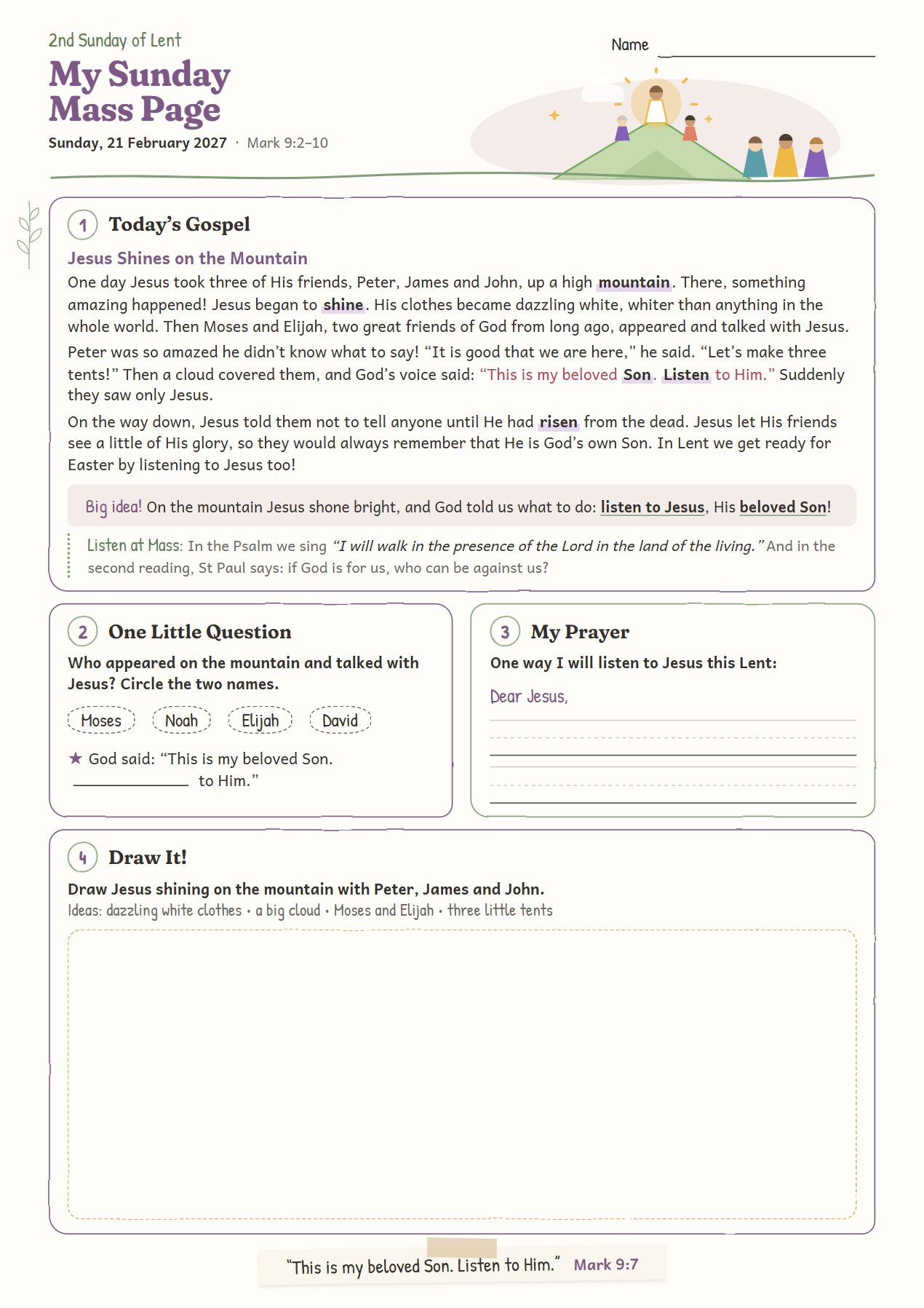 Jesus Shines on the Mountain: worksheet for age 6