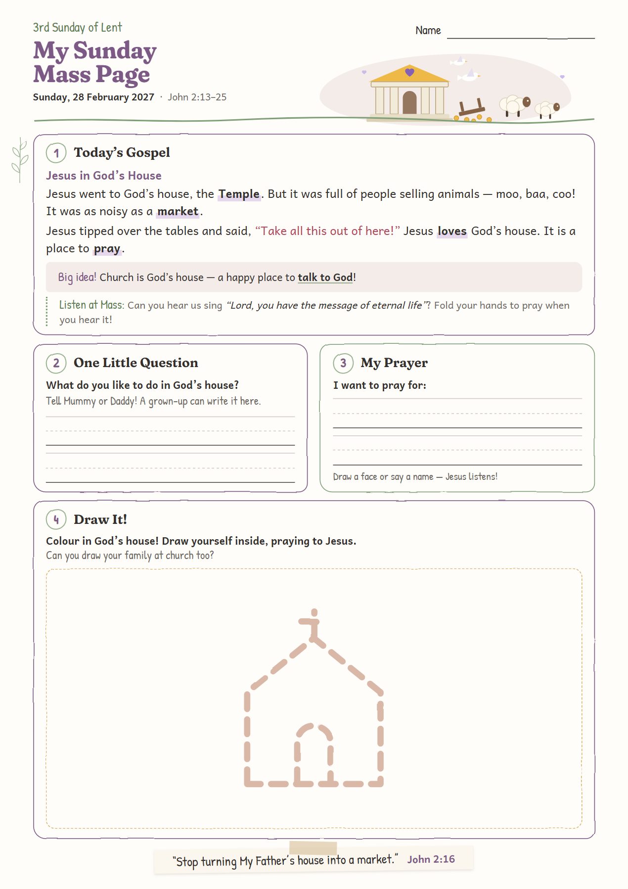 Jesus in God’s House: worksheet for age 4