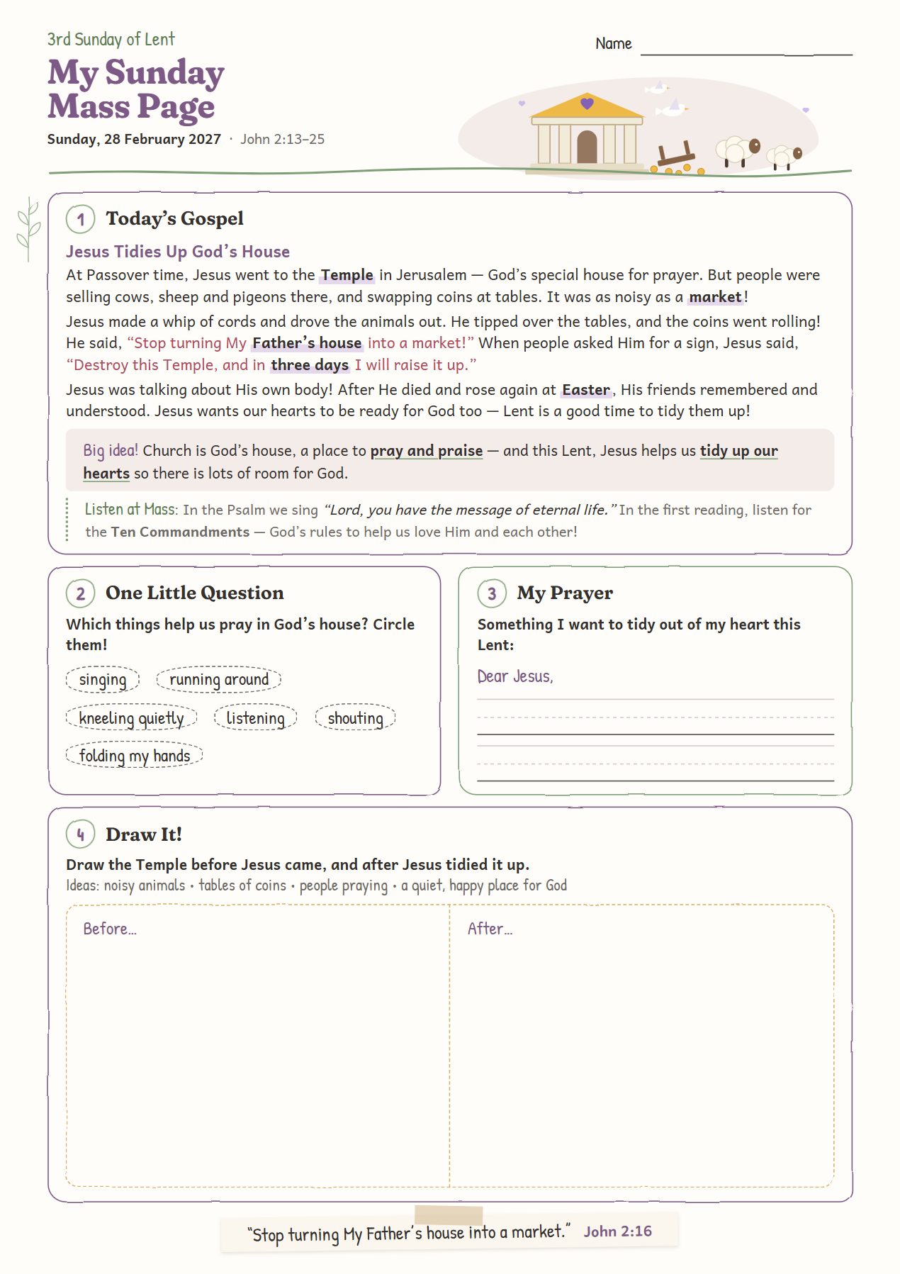 Jesus Tidies Up God’s House: worksheet for age 6