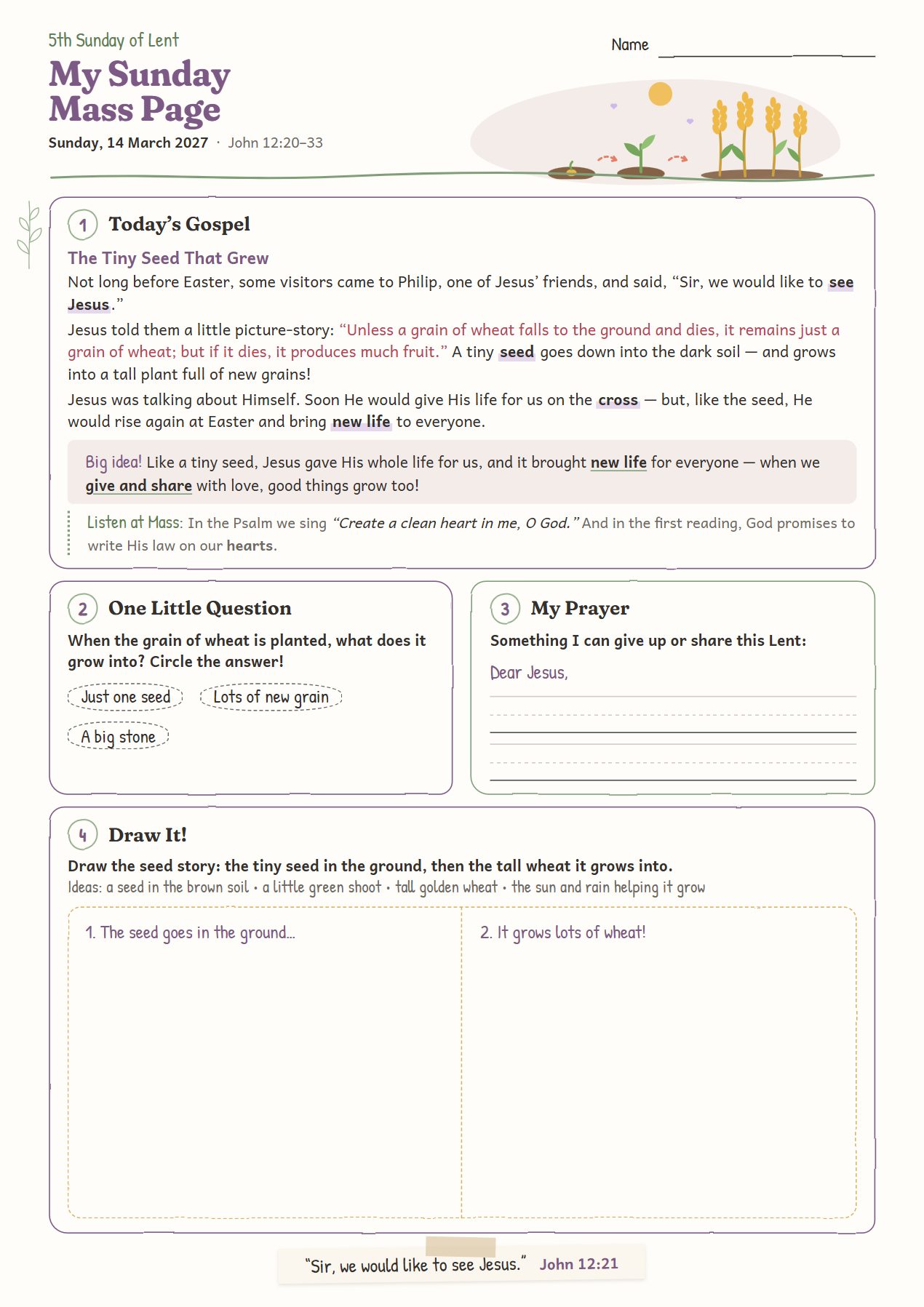 The Tiny Seed That Grew: worksheet for age 6