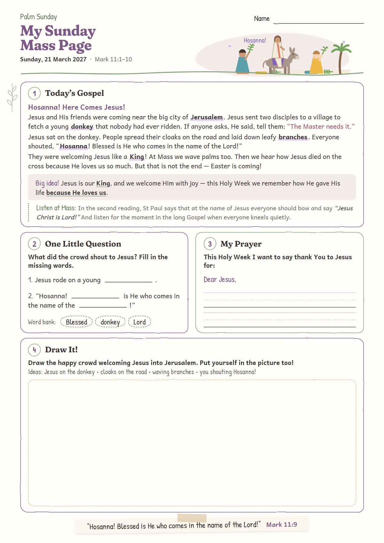 Hosanna! Here Comes Jesus!: worksheet for age 6