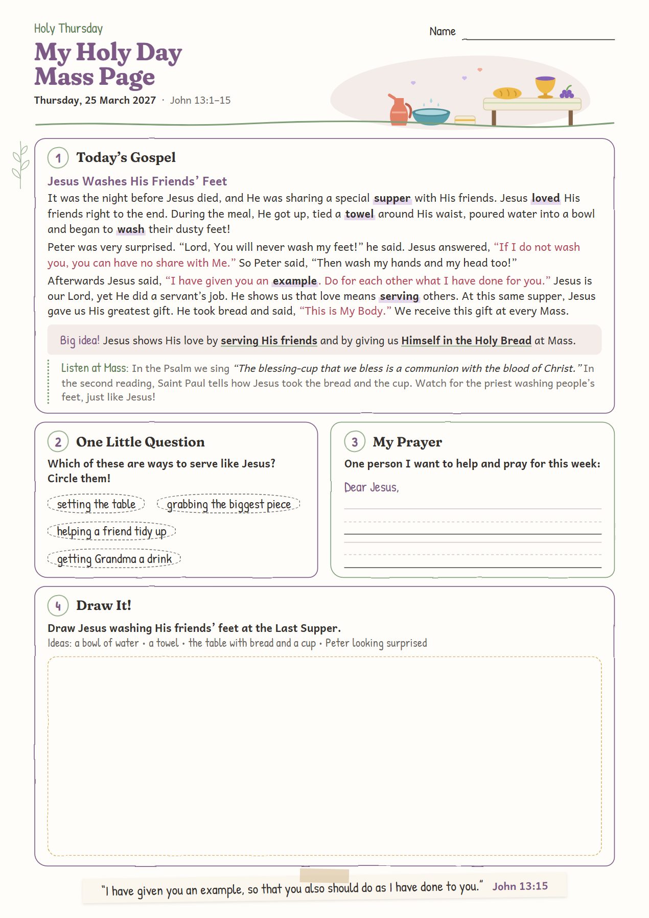 Jesus Washes His Friends’ Feet: worksheet for age 6